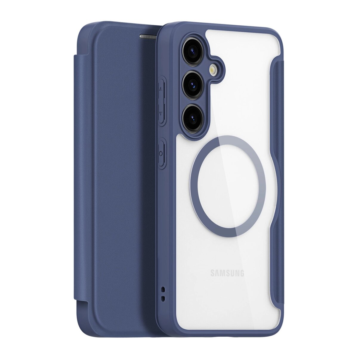 Custodia blu per telefono con retro trasparente e interno bianco. La custodia ha un ritaglio per la fotocamera e un anello magnetico.