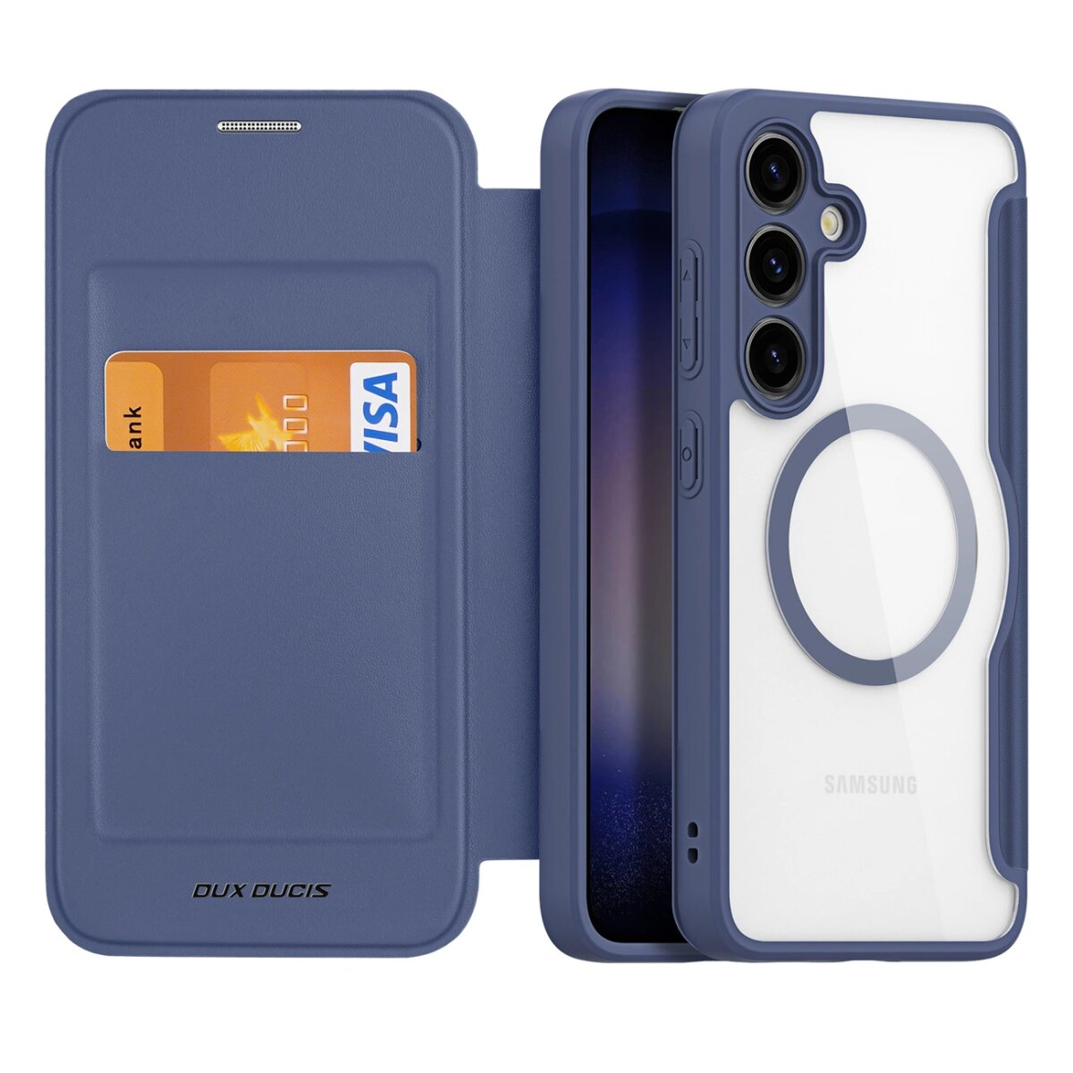 Custodia per telefono blu con slot per schede e cover blu. La custodia ha un telefono bianco.