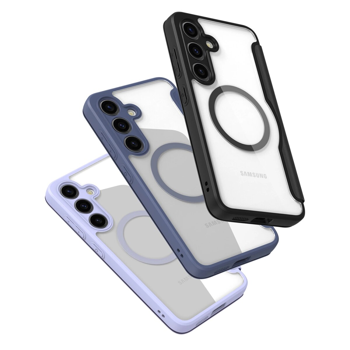 Tre custodie per telefono con retro trasparente e cornici colorate, impilate in diagonale.