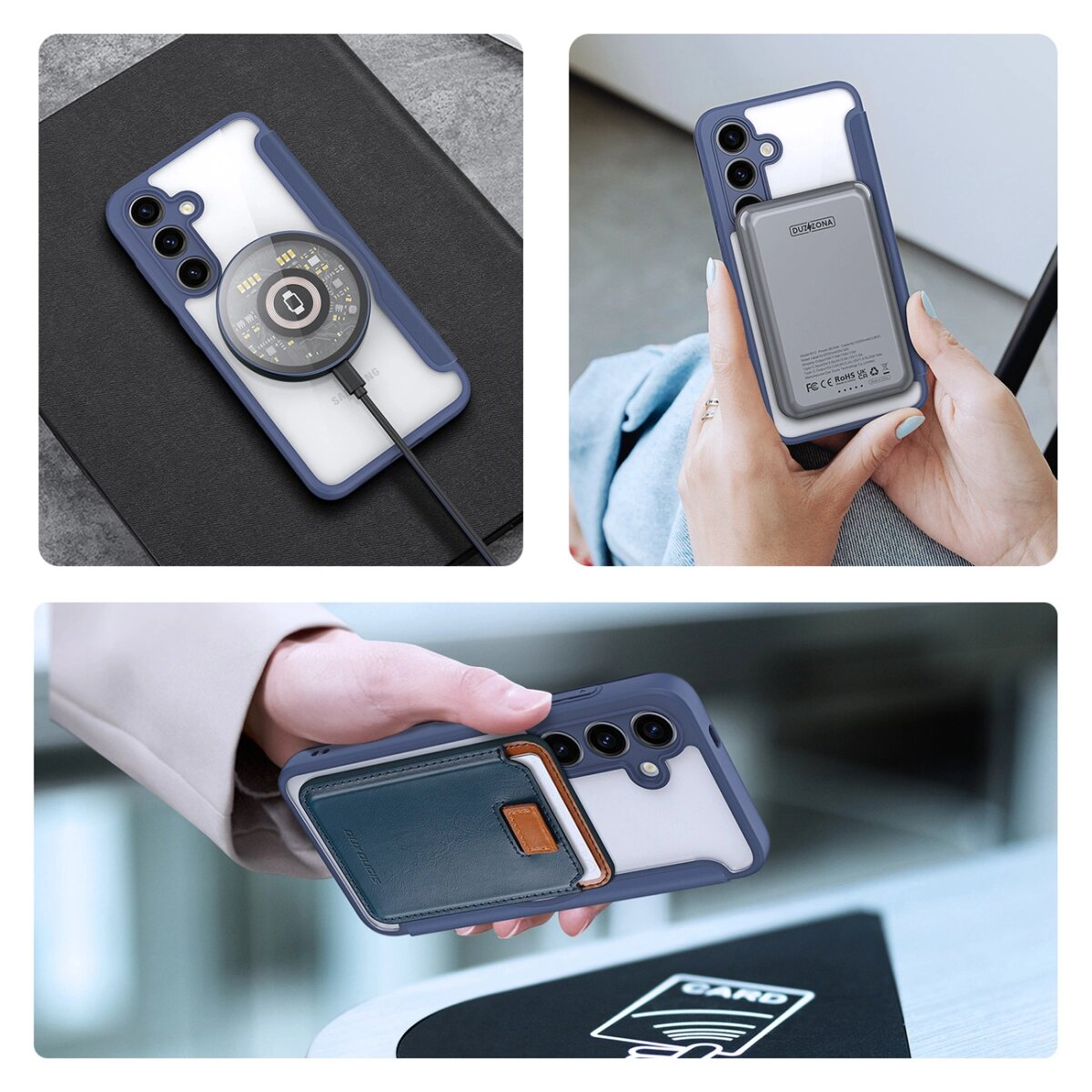 Immagini di una custodia per telefono con un power bank, un disco di ricarica e un porta carte.