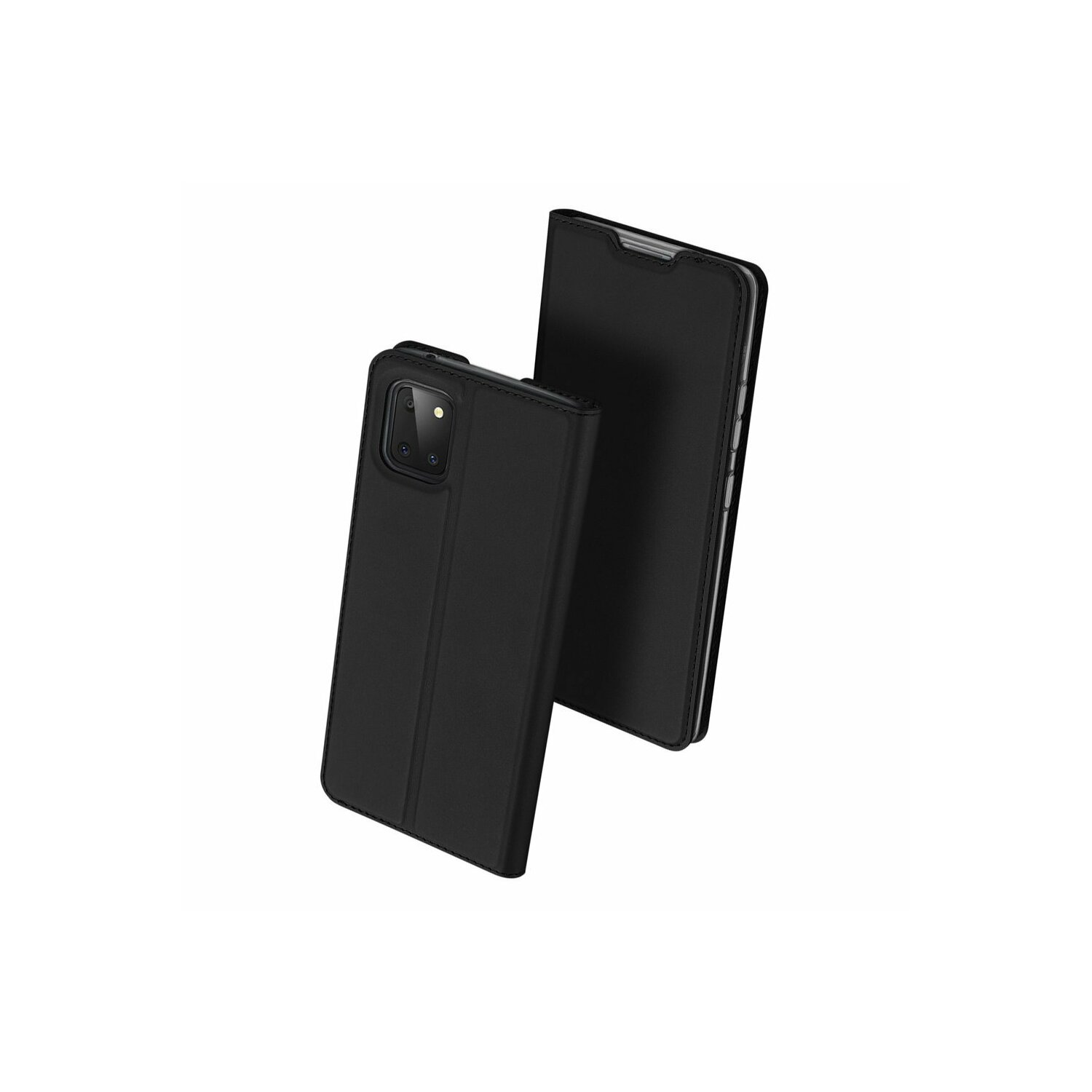 Custodia per telefono nera con telefono dentro. Custodia chiusa, che mostra la cover anteriore e il telefono.