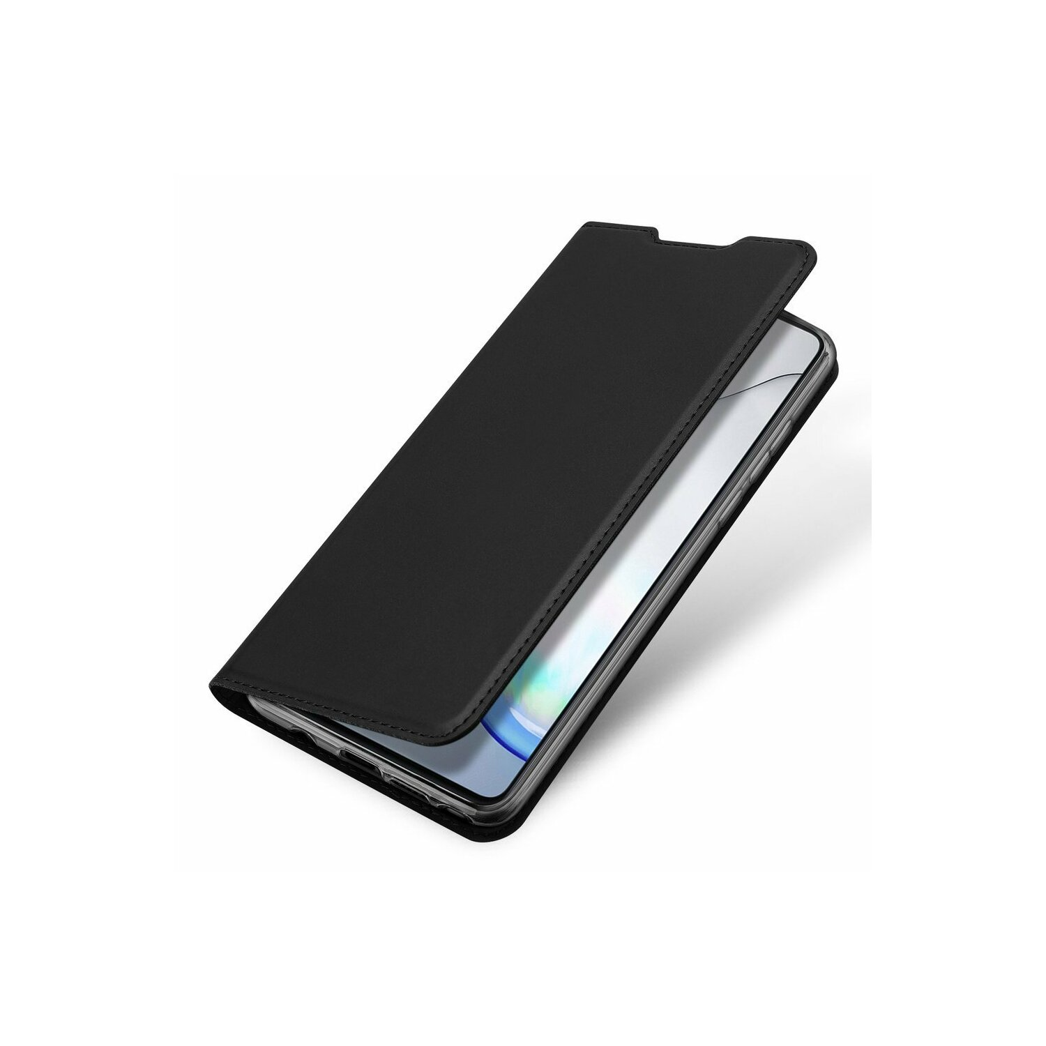 Una custodia nera con un telefono all'interno e il coperchio superiore aperto su sfondo bianco.