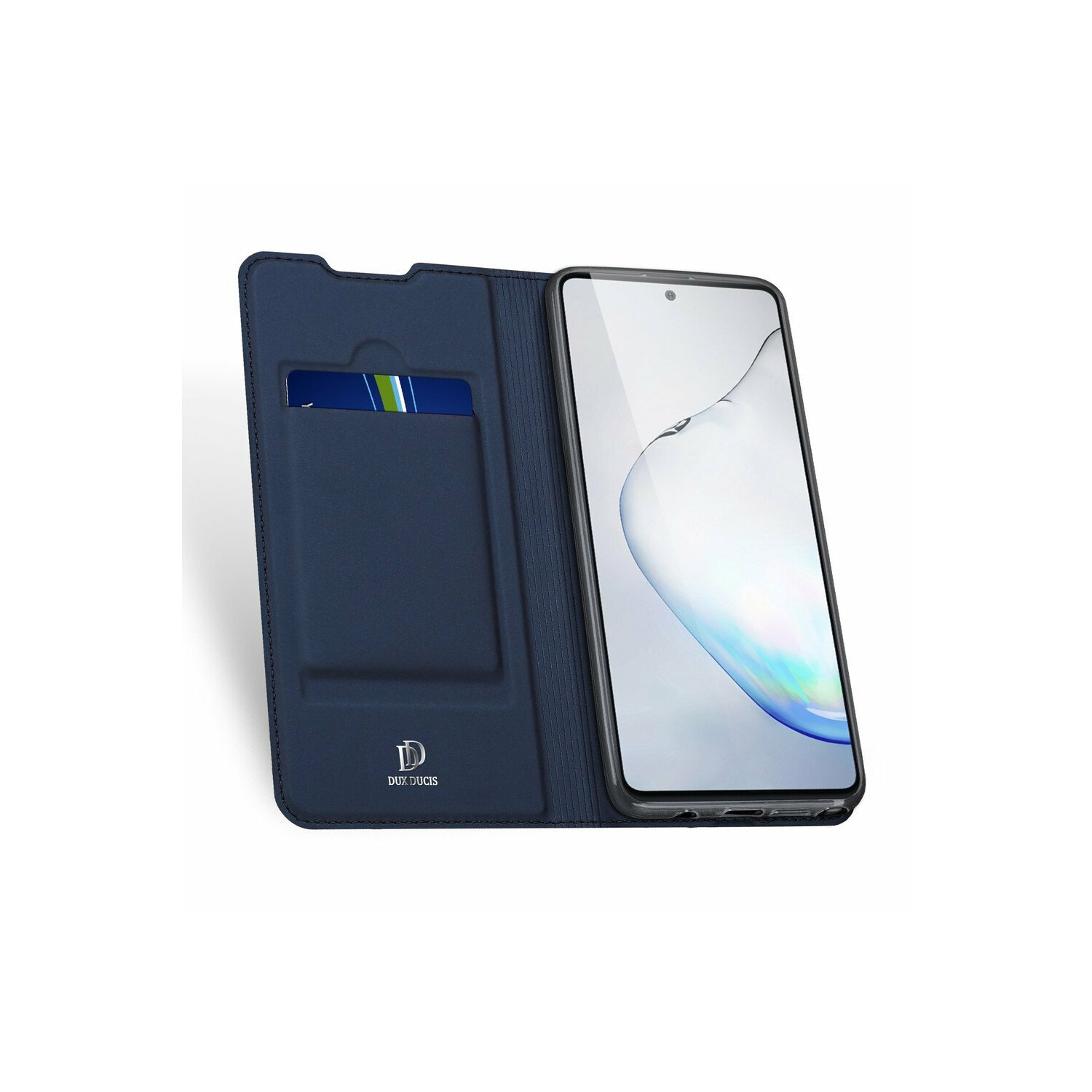 Custodia blu scuro con fessura per carte aperta, telefono con schermo bianco all'interno.