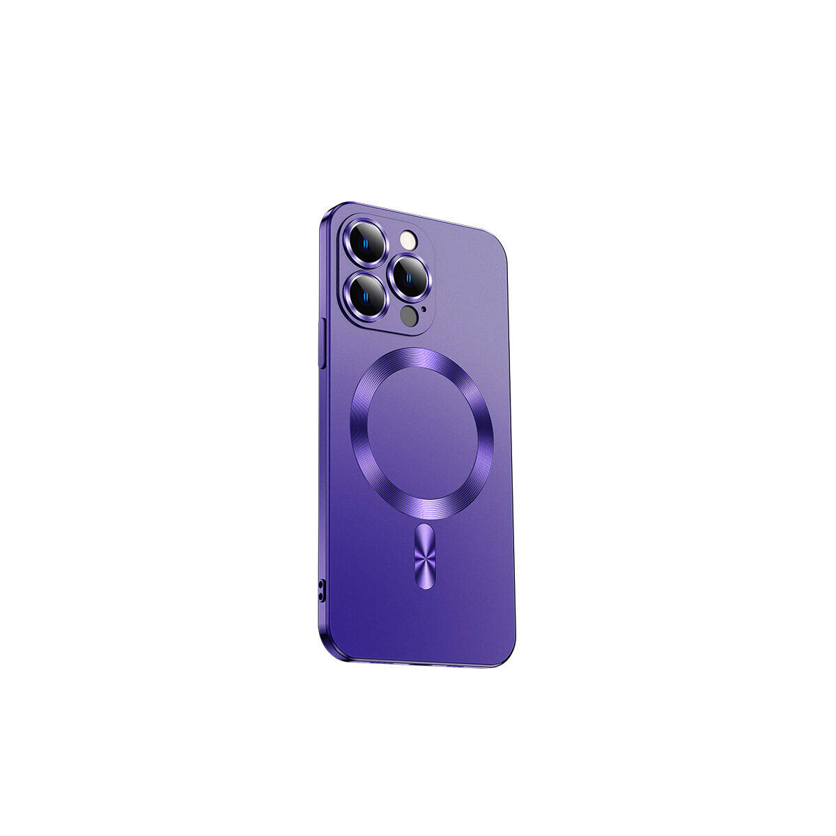 Custodia viola con fotocamera e anello magnetico. Il telefono ha una sfumatura viola.