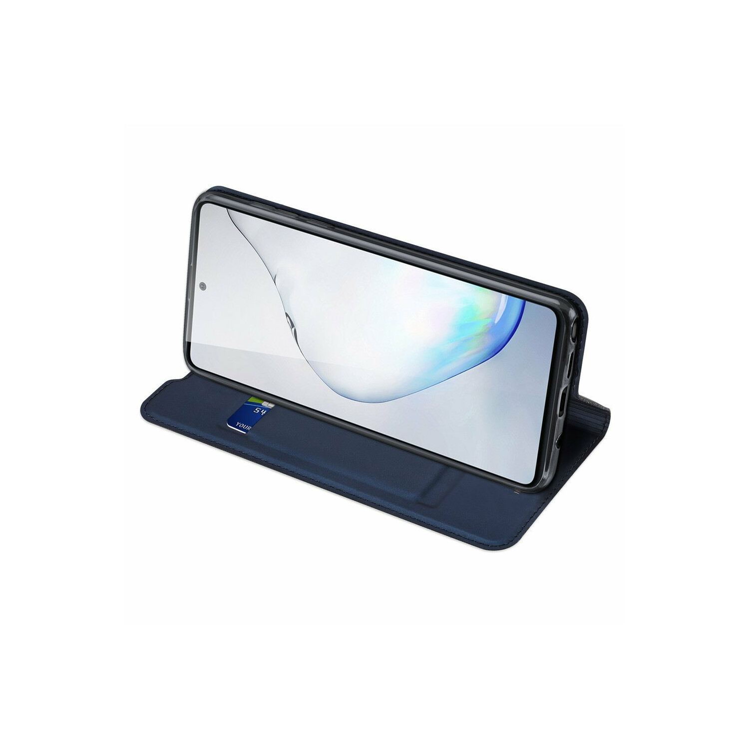 Smartphone in custodia blu su sfondo bianco.