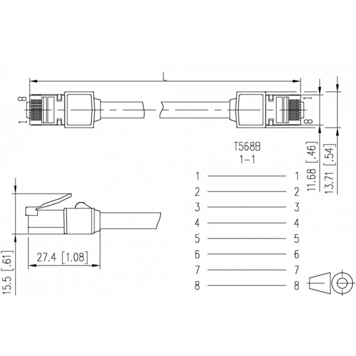 Schema van een RJ45 Ethernet-kabel, connectoren en interne bedradingsdetails.