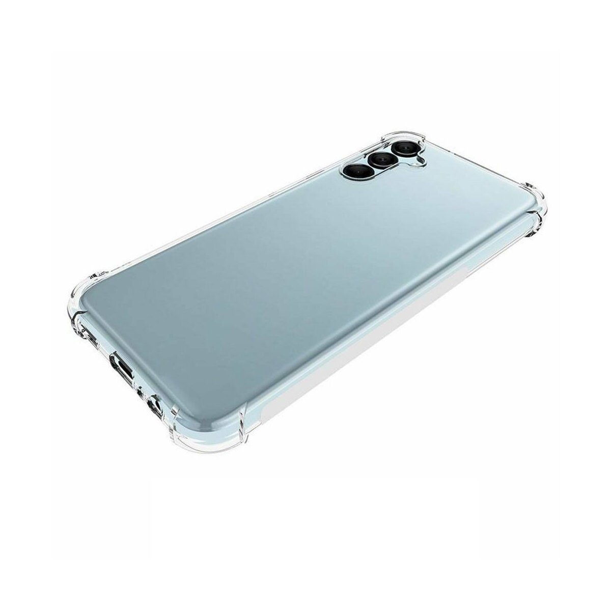 Una custodia trasparente per telefono su un telefono azzurro. La custodia ha fori per fotocamera e porte.