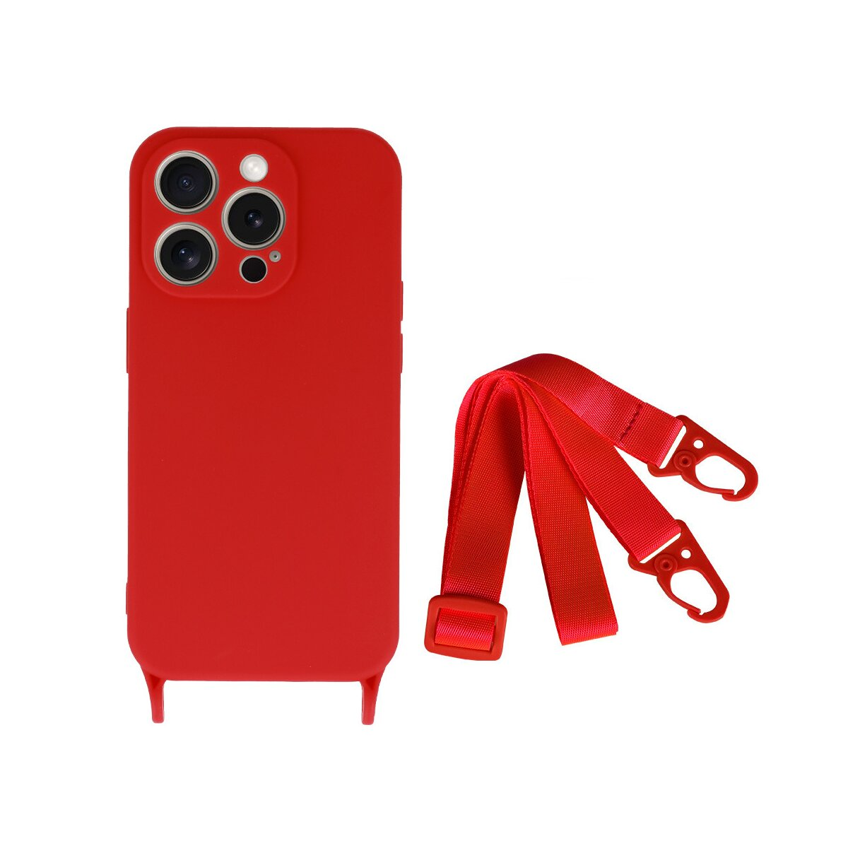 Custodia rossa per telefono con lenti della fotocamera e cinturino rosso con clip. Custodia con due linguette.