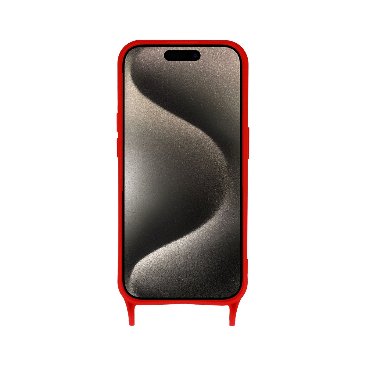 Una custodia per telefono rossa, che mostra uno schermo nero con un design ondulato di colore chiaro.