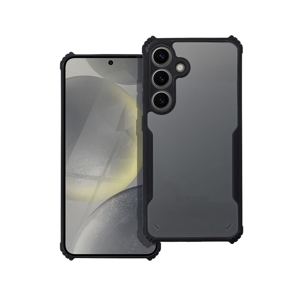 Telefono nero con custodia grigio scuro, logo Samsung e tripla fotocamera. La custodia ha dettagli neri.