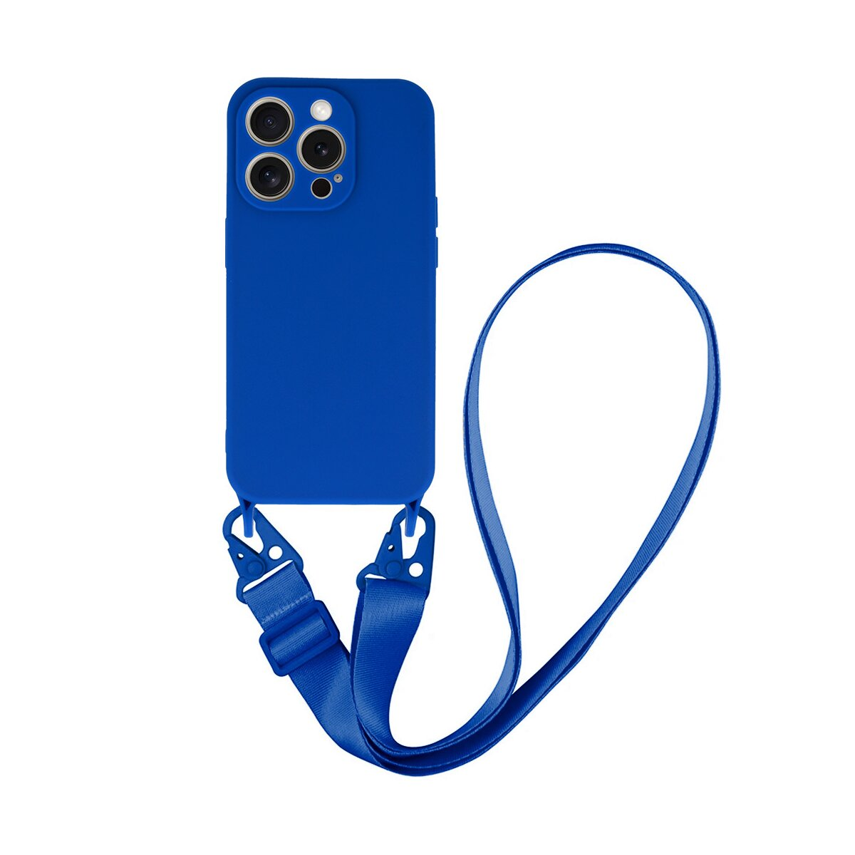 Custodia blu con cinturino blu. La custodia ha lenti della fotocamera.