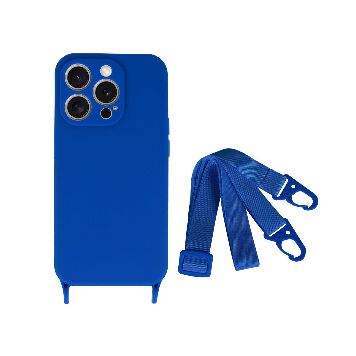 Custodia blu per telefono con ritagli per fotocamera e cinturino blu, sfondo bianco.