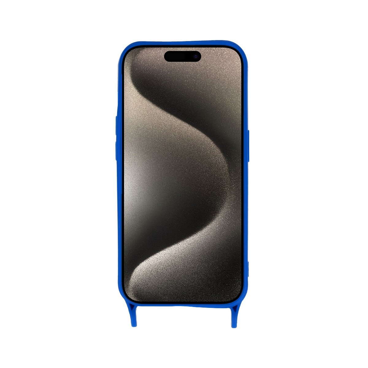 Custodia blu per telefono con un telefono che mostra un motivo grigio ondulato su sfondo nero.