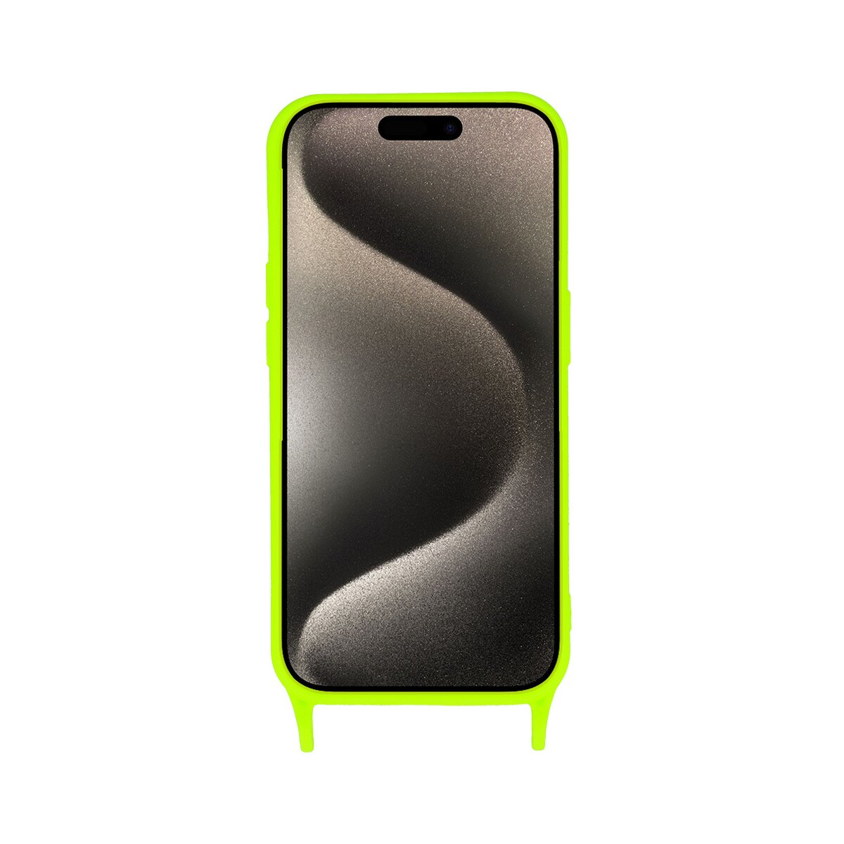 Smartphone in custodia verde brillante con schermo nero, su superficie bianca.