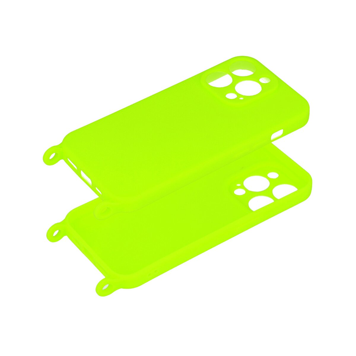 Due custodie per telefono verde neon impilate su una superficie bianca.