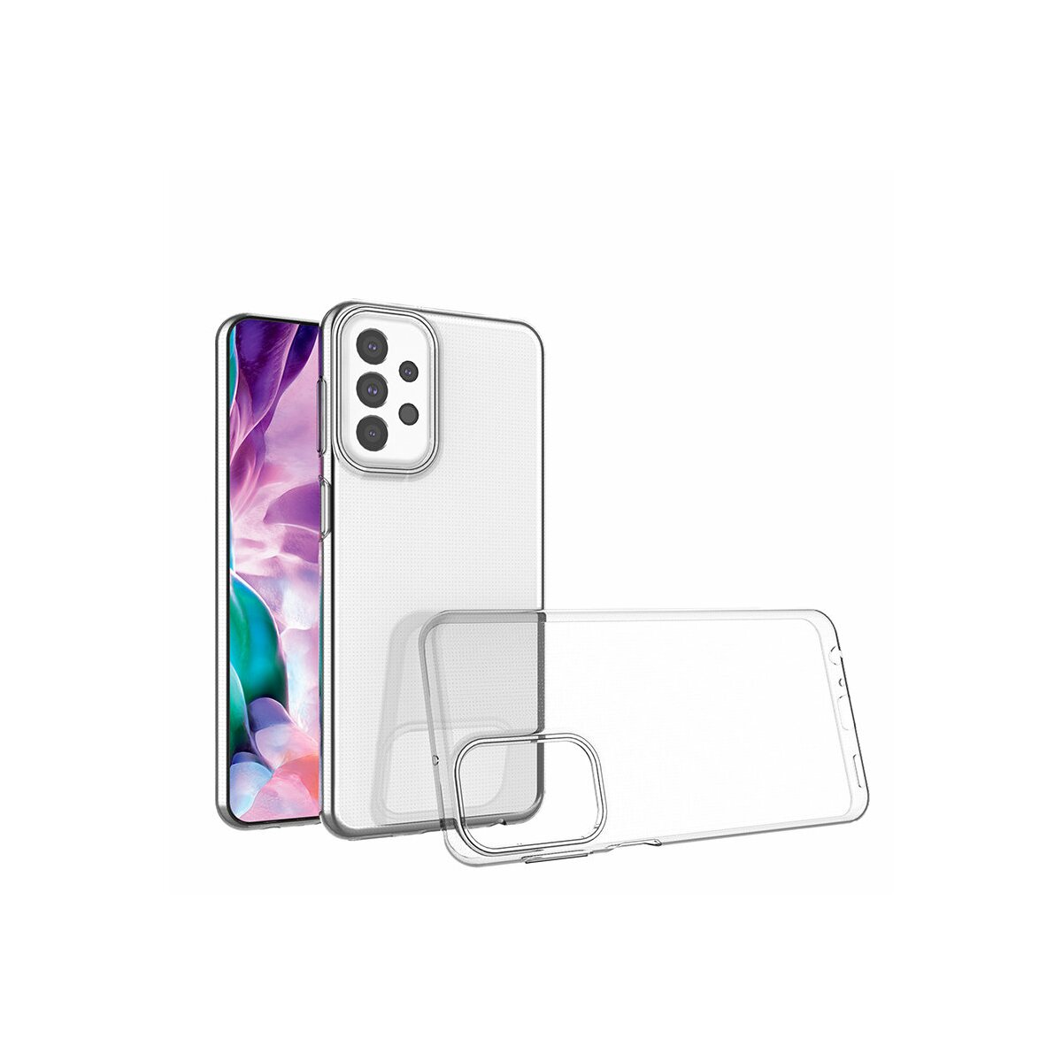 Telefono con schermo a colori, in custodia trasparente. Un'altra custodia trasparente di lato.
