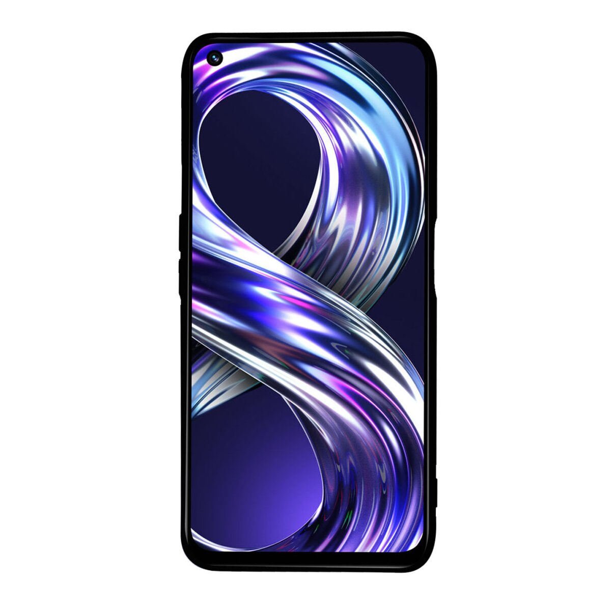 Uno smartphone nero che mostra un design di arte digitale astratta e colorata sul suo schermo.