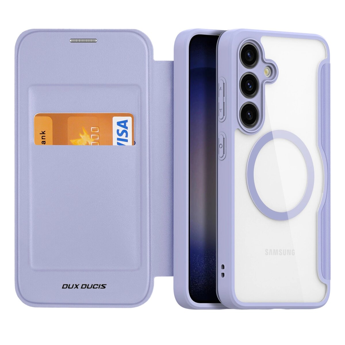 Custodia viola con carta e telefono. Chiusa. Sfondo bianco.