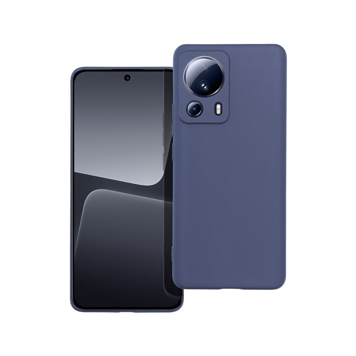 Un telefono blu navy e una custodia blu navy. Il telefono è davanti alla custodia.