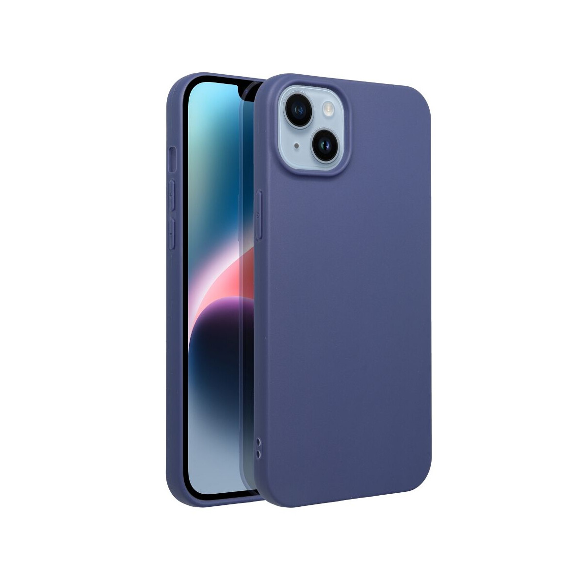Telefono blu con custodia blu. Il telefono è su una superficie bianca.