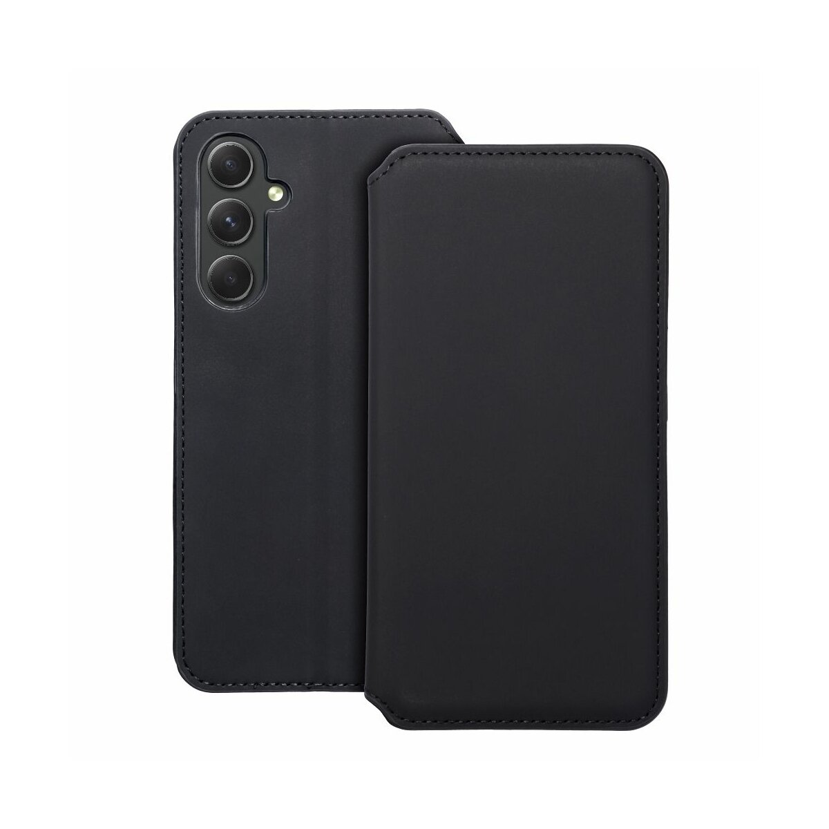 Schwarze Handyhülle mit einem Telefon darin. Die Hülle ist geschlossen und hat eine glatte Textur.