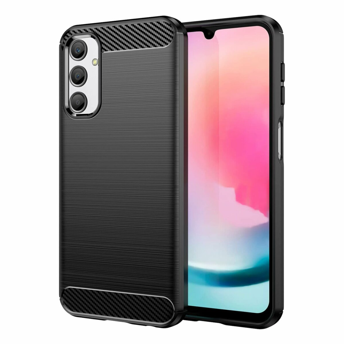 Una custodia per telefono nera con retro strutturato e un telefono con schermo rosa-bianco.