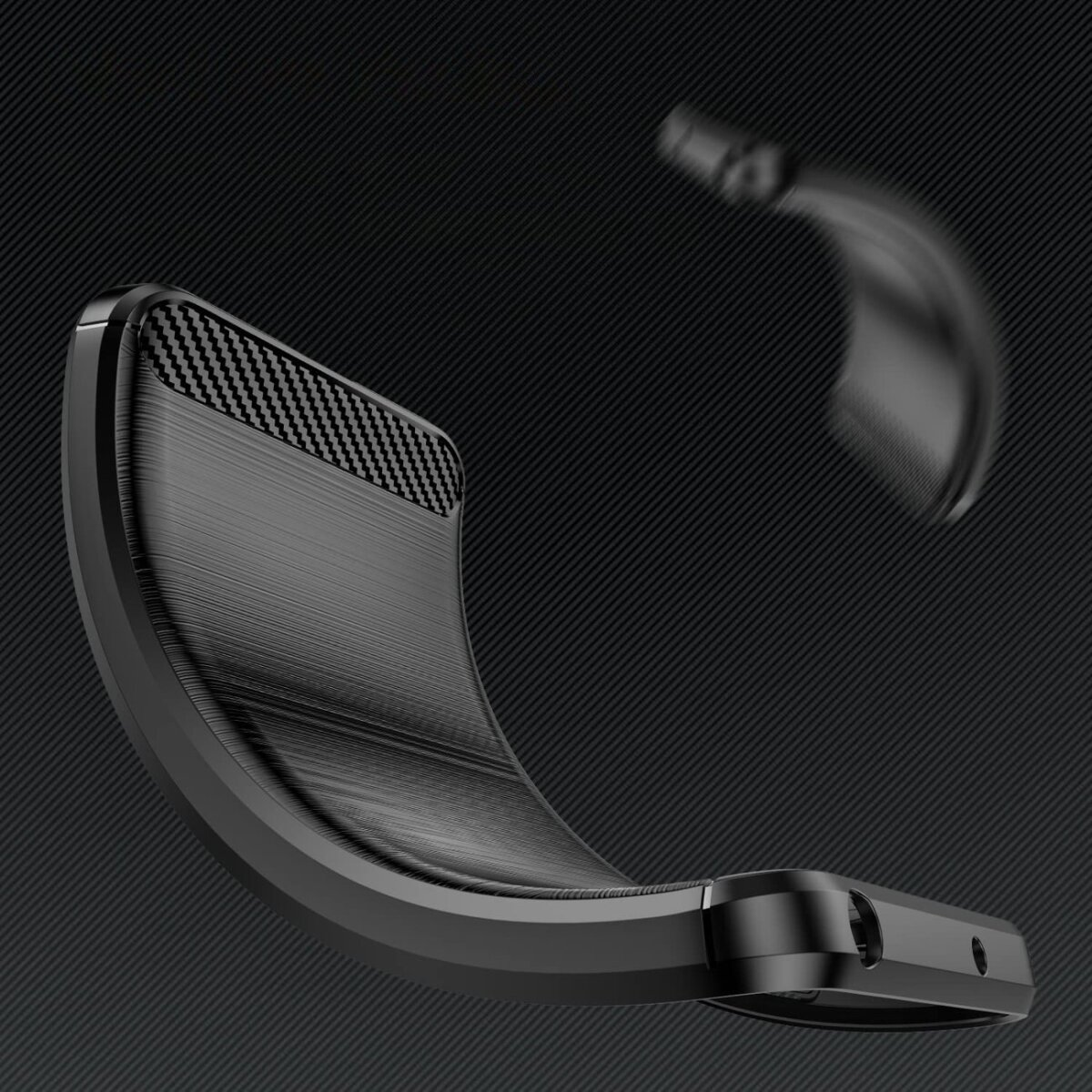 Una custodia per telefono nera con un design in fibra di carbonio strutturato.