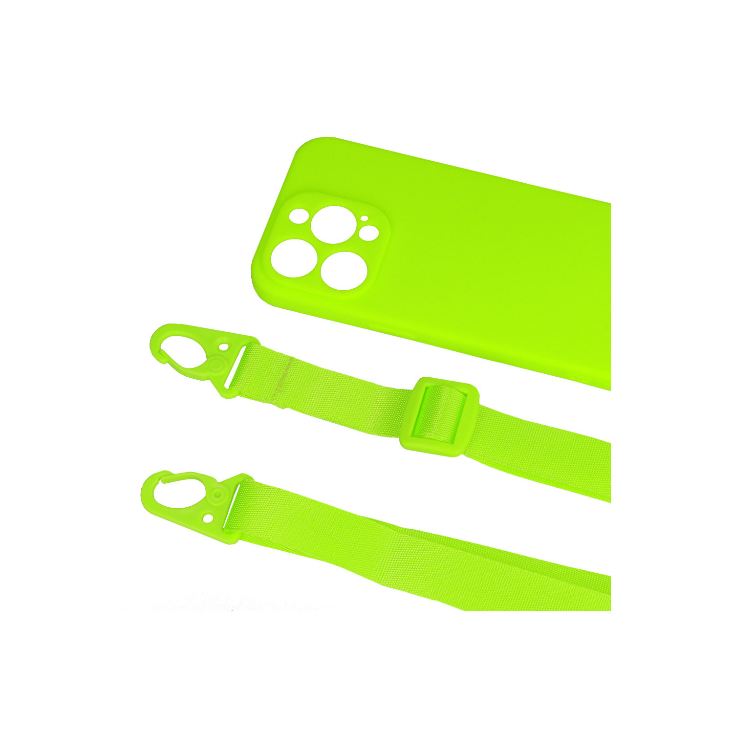 Una custodia per telefono verde neon con un cordino e accessori abbinati, su sfondo bianco.