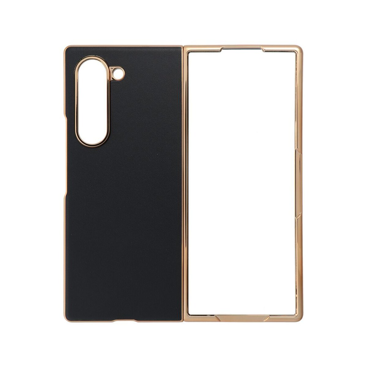 Custodia per telefono nera e oro, aperta, con retro nero e cornice dorata.