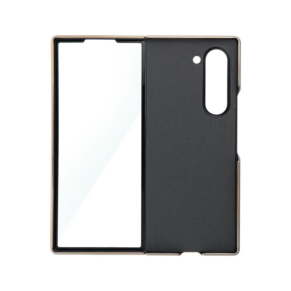 Custodia per telefono pieghevole, aperta, due metà, bordi dorati, interno nero, con foro per fotocamera.