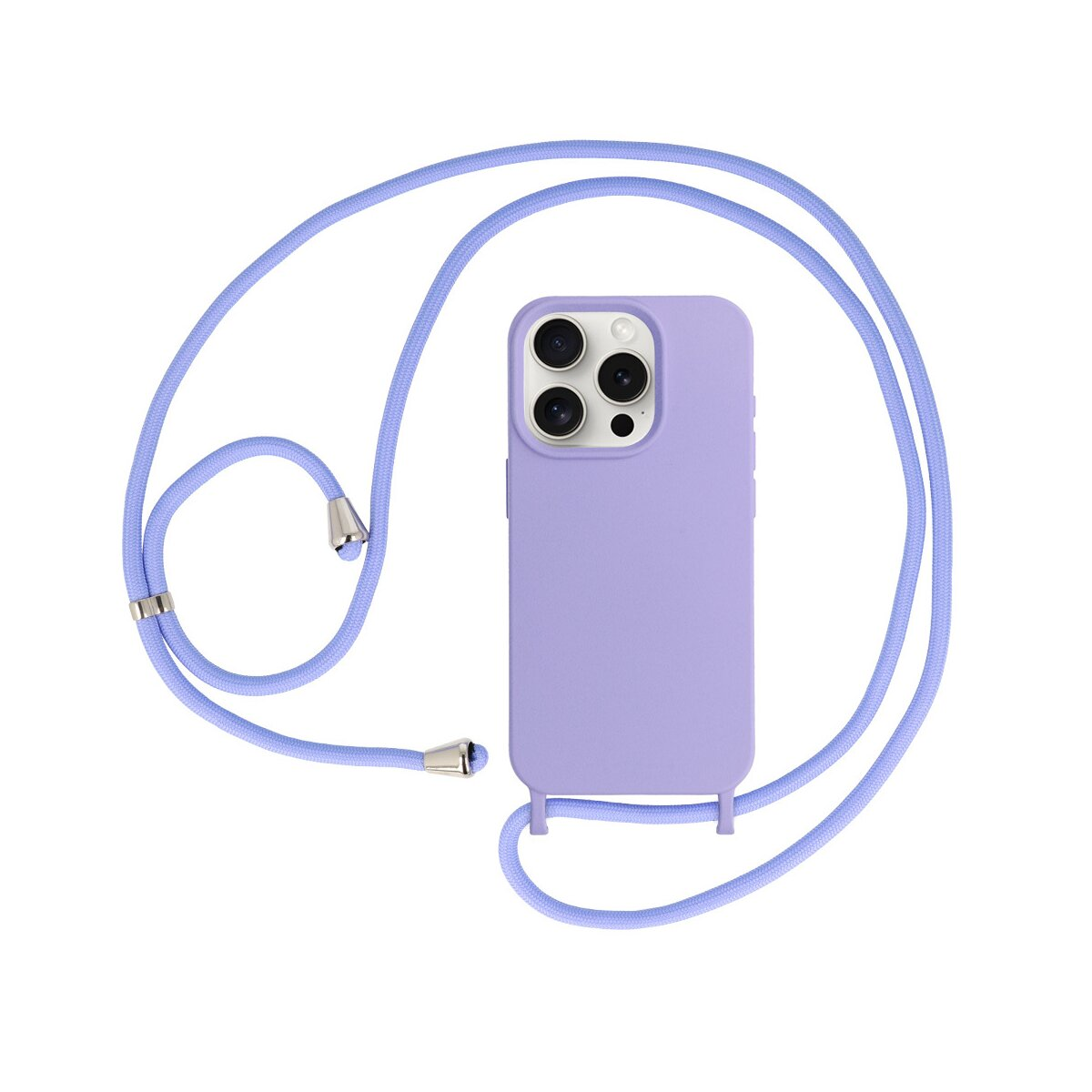 Custodia per telefono viola con cordino. Il telefono ha tre fotocamere. Il cordino è azzurro.