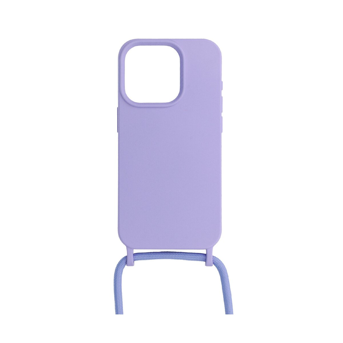Una custodia per telefono viola chiaro con attacco per cordino, con un cordino blu chiaro.