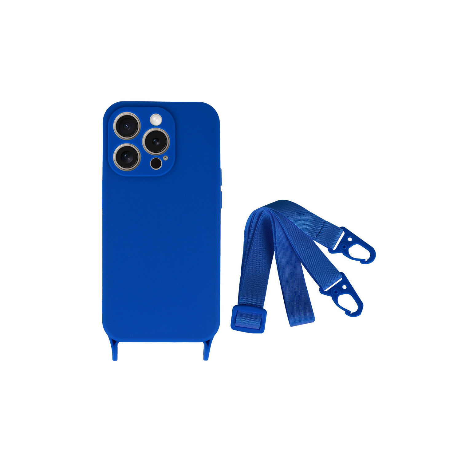 Custodia blu per telefono con cinturino blu. Lenti della tripla fotocamera visibili.