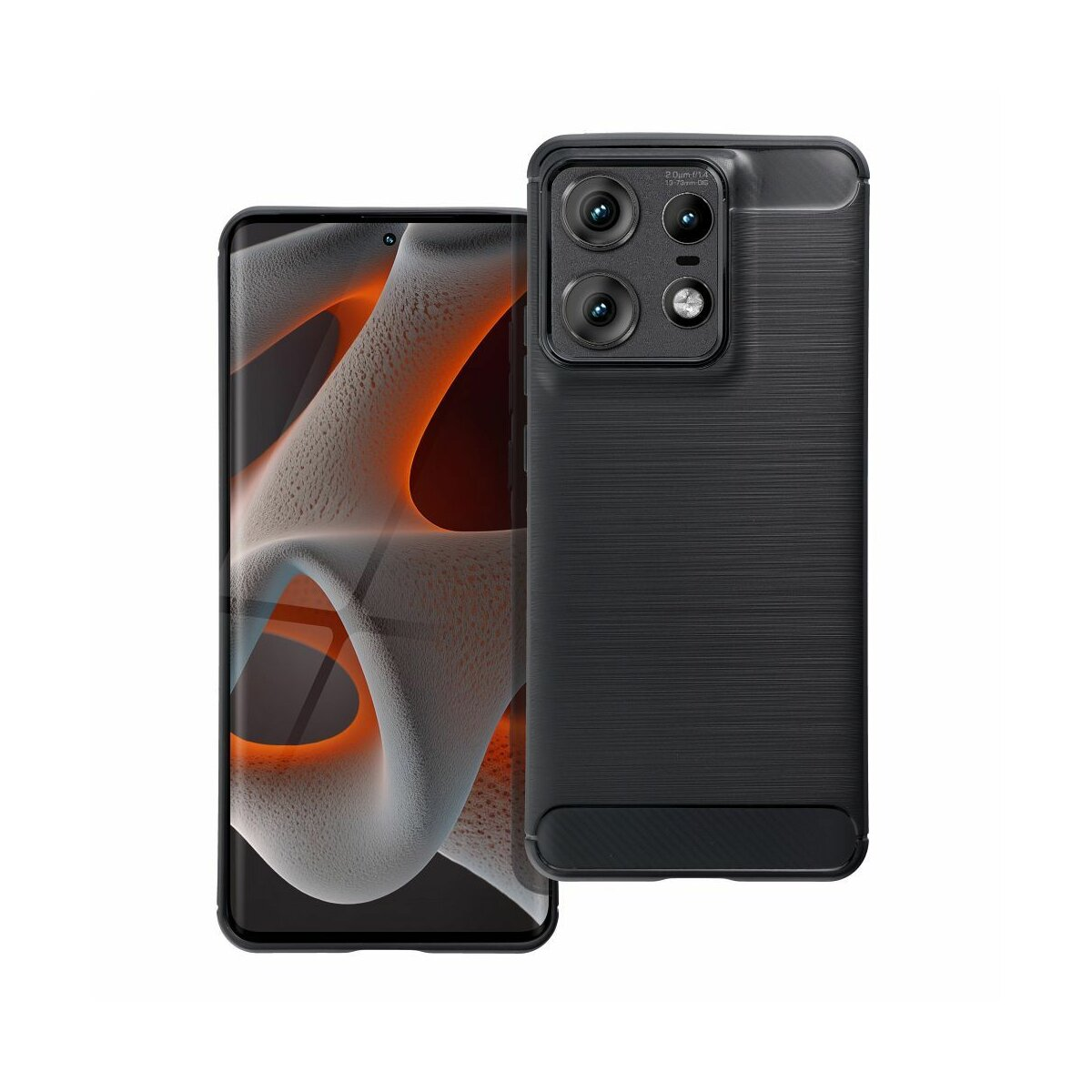 Un telefono e una custodia con protezione schermo, con retro nero e configurazione della fotocamera.