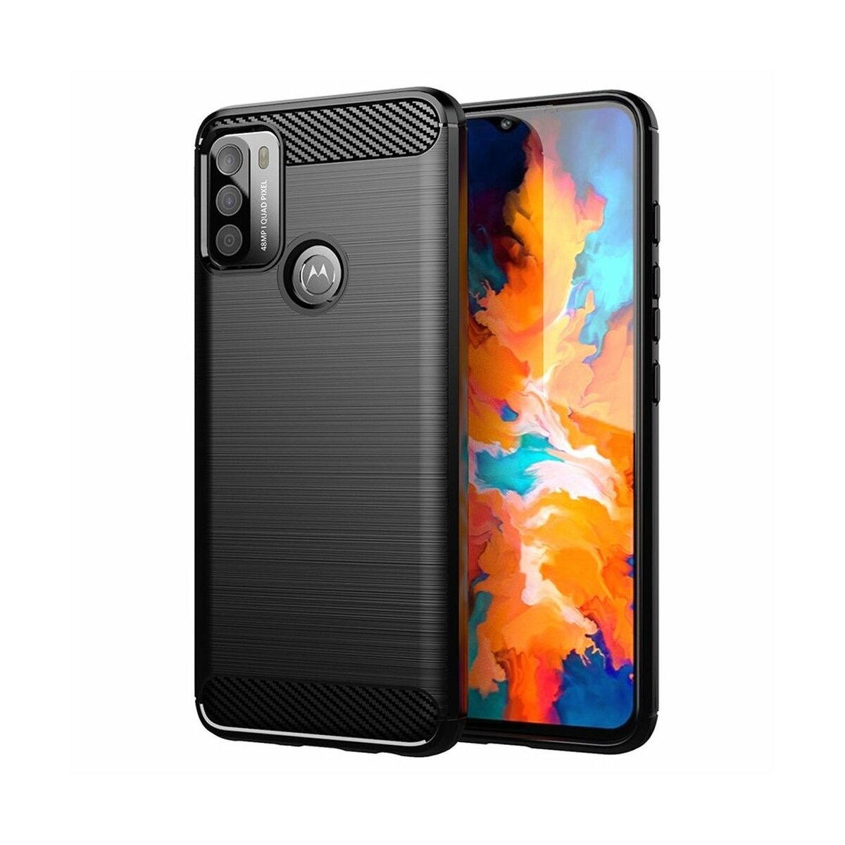 Custodia nera per telefono con texture in fibra di carbonio e logo Motorola. Telefono a destra.