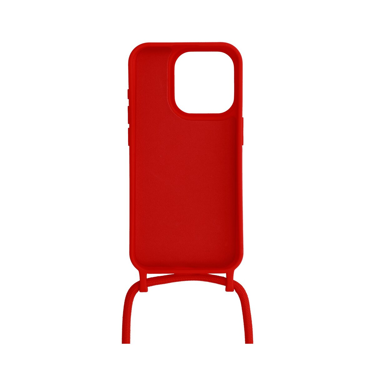 Custodia per telefono rossa. Cordino rosso per il collo. Apertura fotocamera. Sfondo bianco.