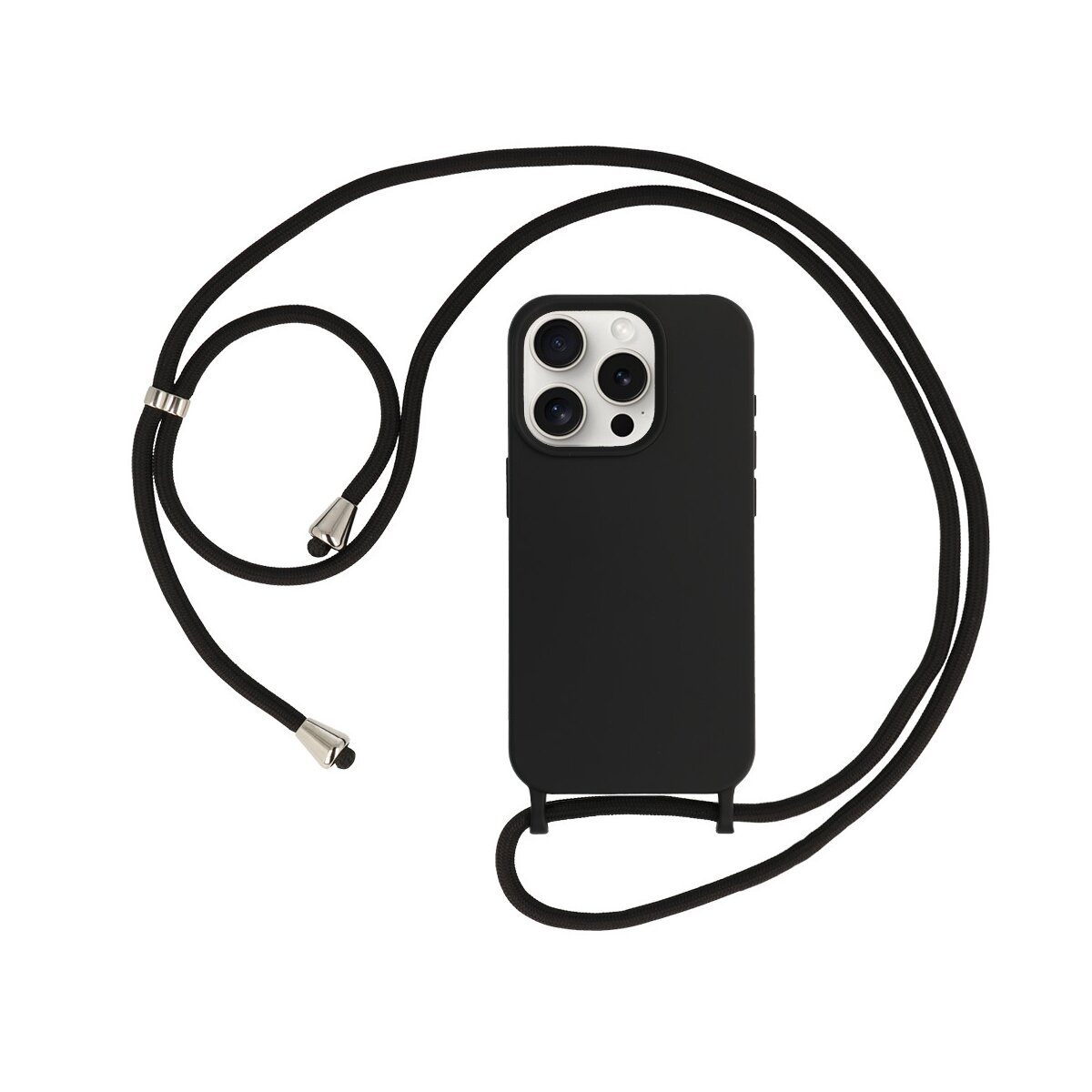 Custodia nera per telefono con cordino. La custodia ha ritagli per la fotocamera. Cavo nero con punte argentate.