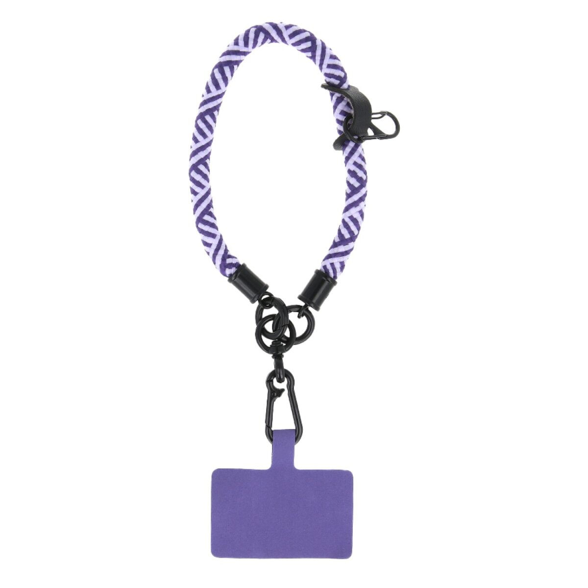 Un cinturino per telefono viola con cordino intrecciato e chiusure nere, e un rettangolo viola.