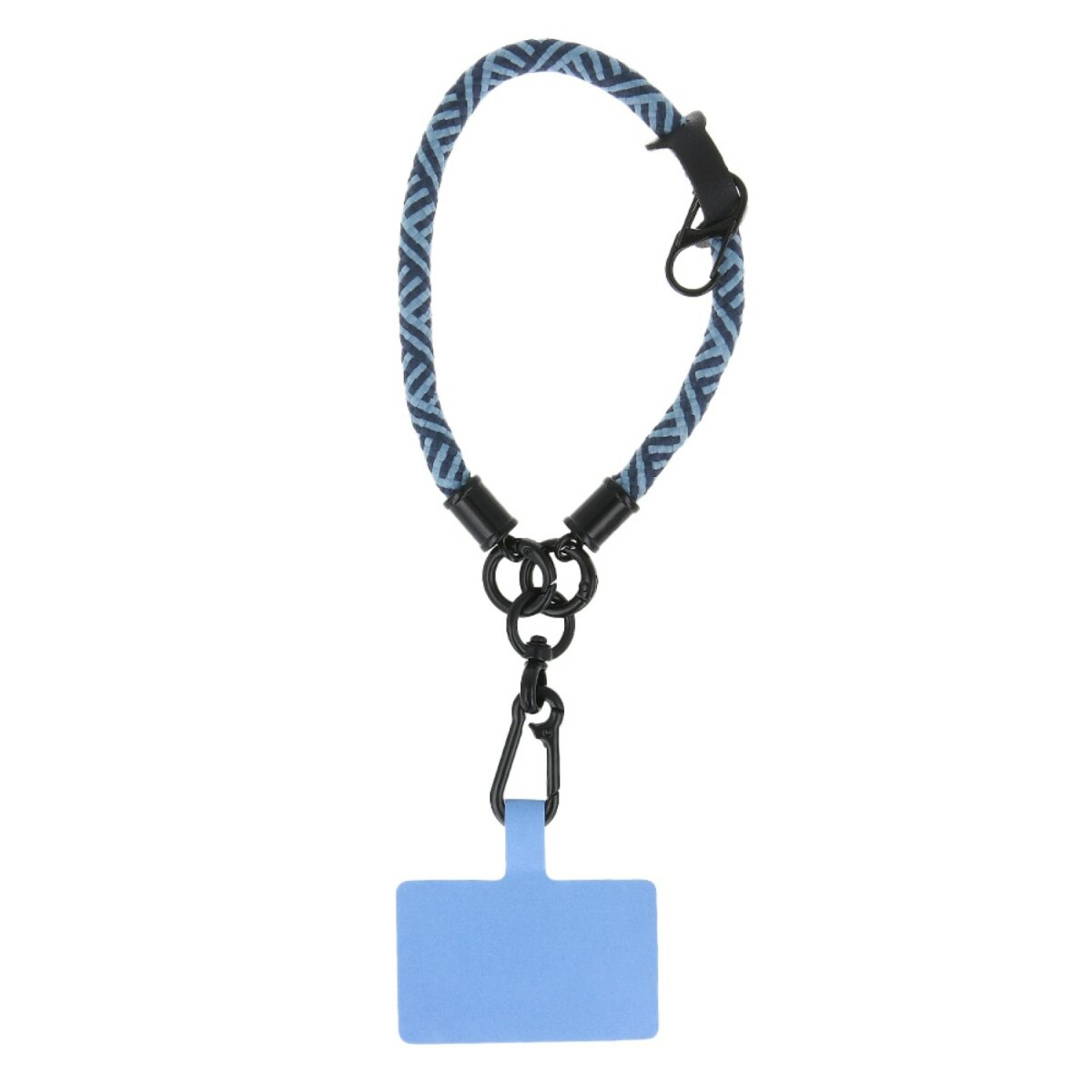 Cinturino per telefono blu e nero con linguetta blu. Il cinturino ha un motivo unico.