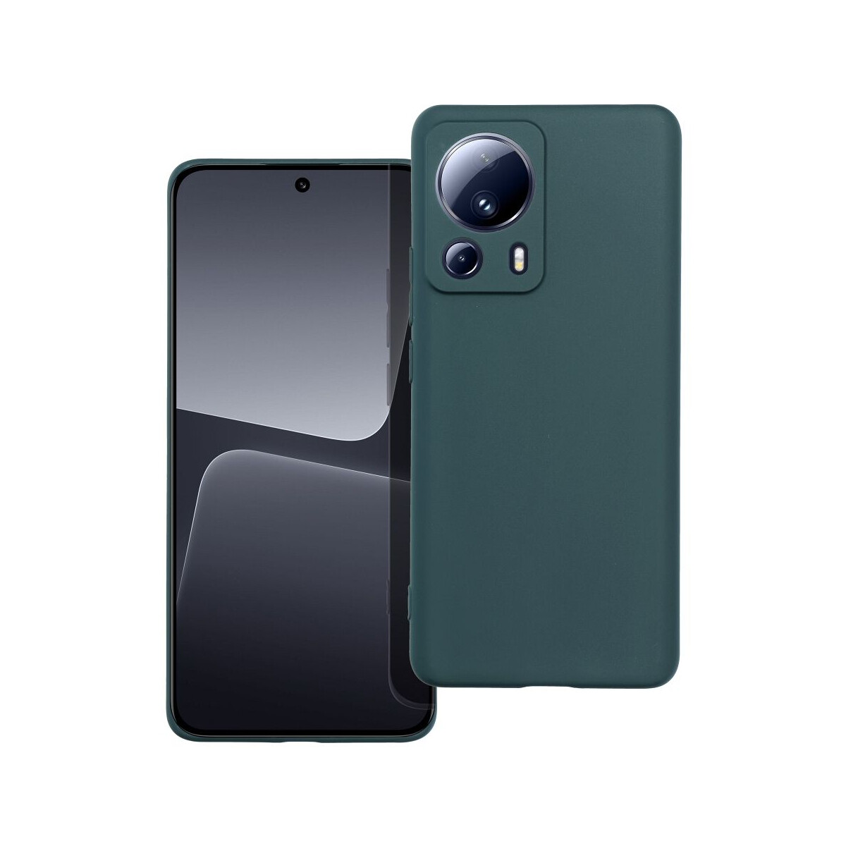 Telefono verde e custodia abbinata. Il telefono ha un rigonfiamento della fotocamera. La custodia copre la parte posteriore e i lati.