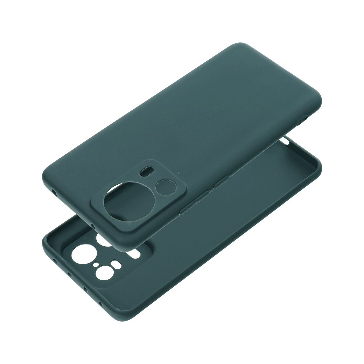 Custodia per telefono in due pezzi color verde acqua. La parte superiore è sopra quella inferiore. Fori fotocamera.
