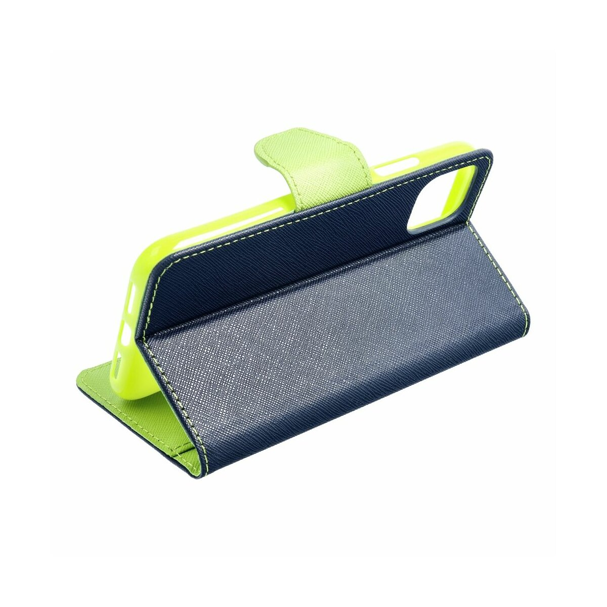 Geöffnete Handyhülle, blaue Abdeckung mit grünen Nähten und grüner Handyhalter.