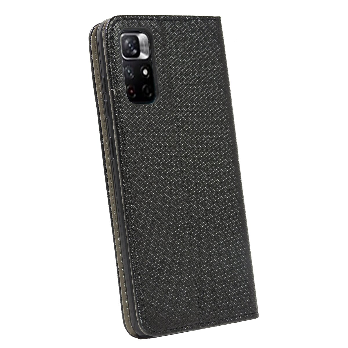 Schwarze Telefon-Brieftasche, geschlossen. Die Brieftasche ist strukturiert und hat einen sichtbaren Kamerabereich.
