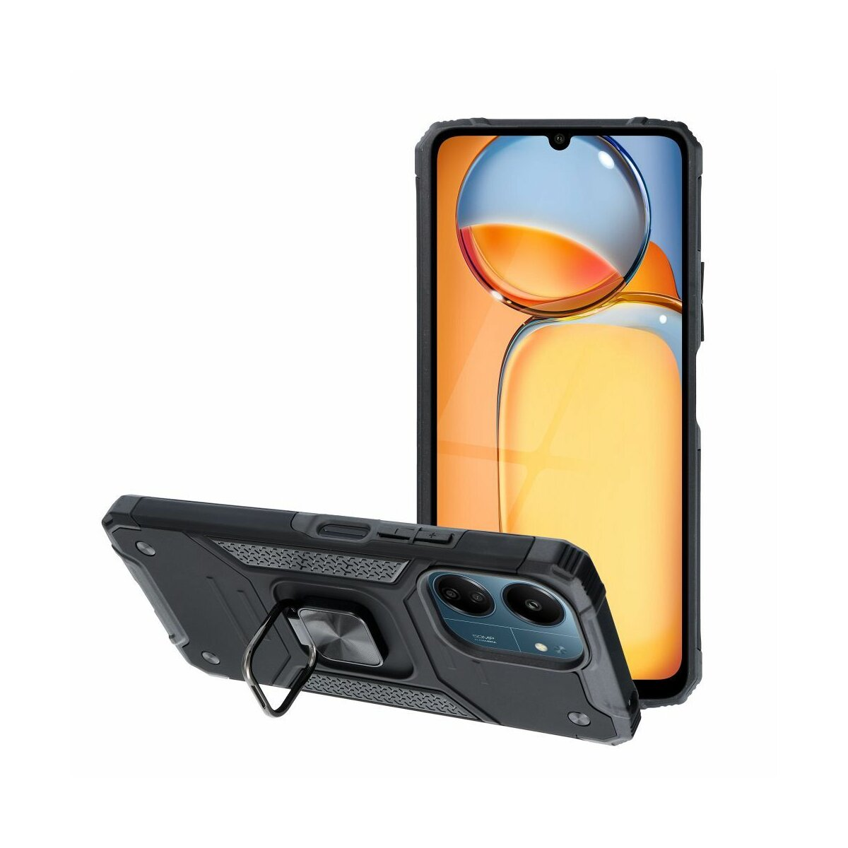 Una custodia nera per telefono con supporto ad anello su un telefono.