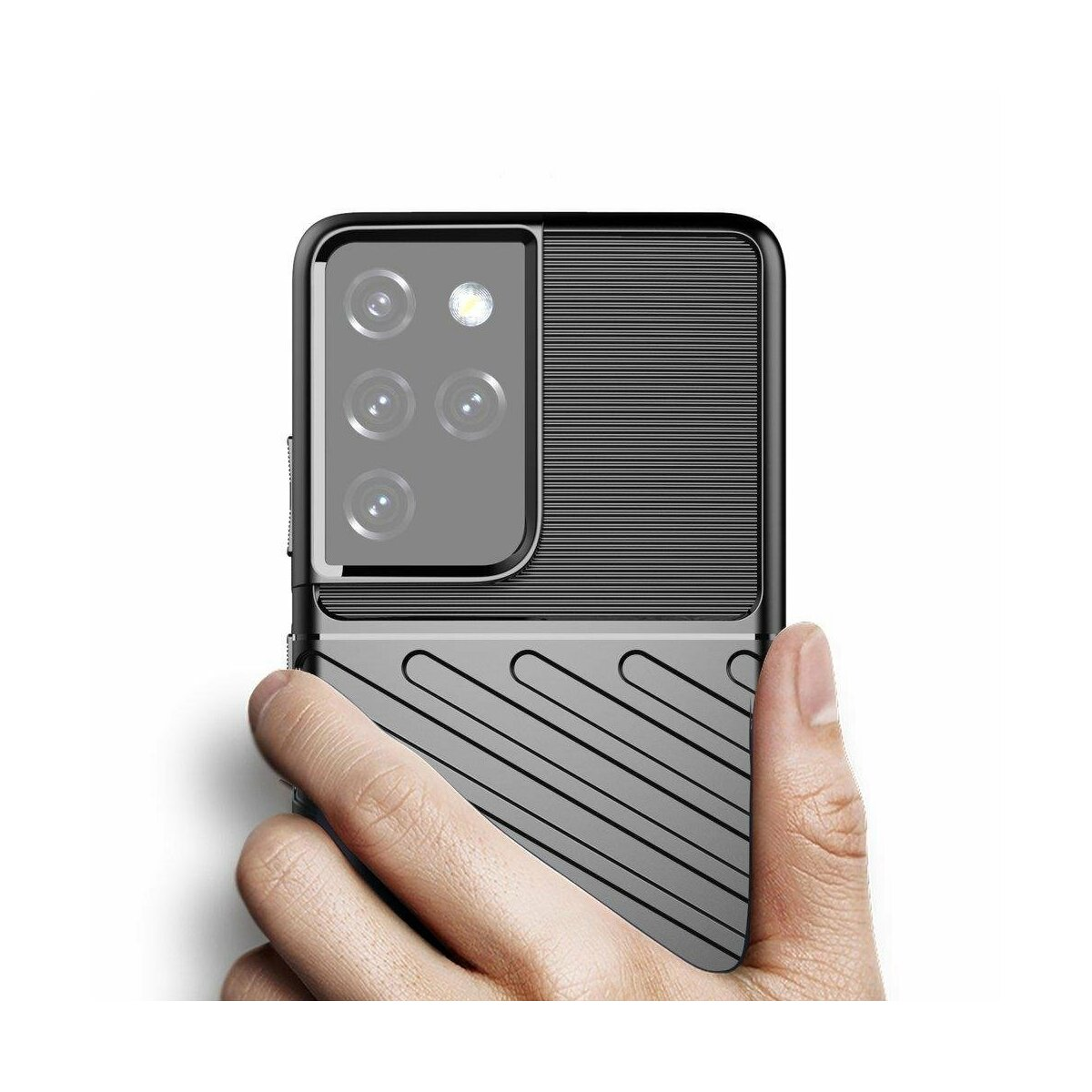 Una mano che tiene una custodia per telefono con un ritaglio per la fotocamera. La custodia ha un design strutturato.