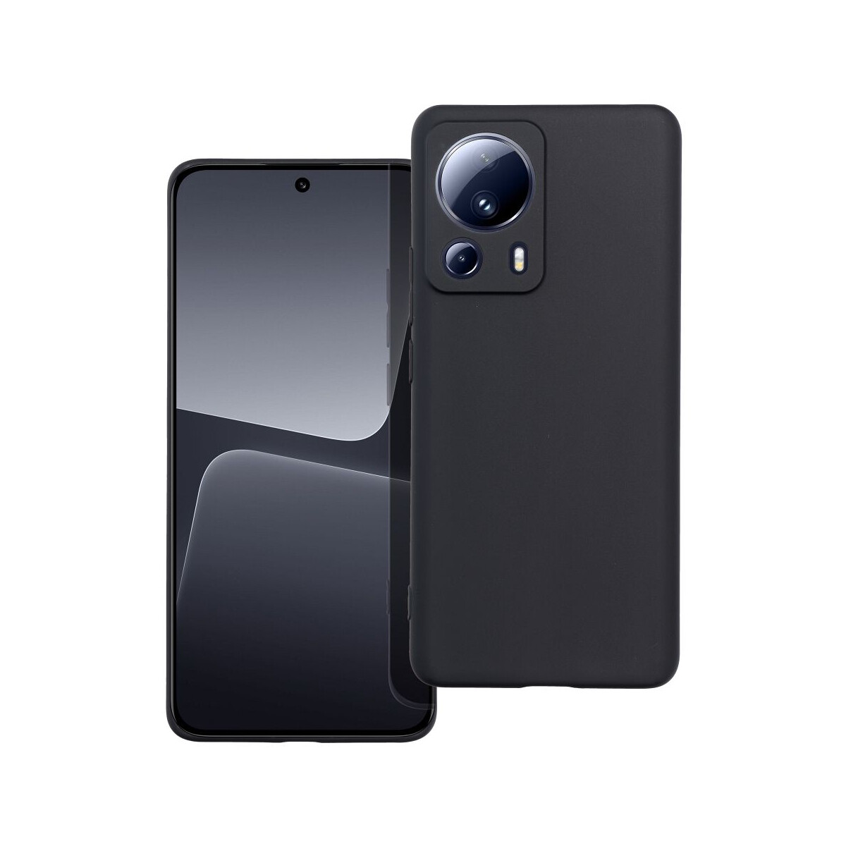 Un telefono nero con schermo acceso e una custodia. Il telefono ha due fotocamere e uno schermo nero.