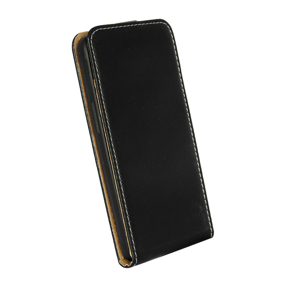 Una custodia per telefono in pelle nera con cuciture bianche, chiusa, con interno marrone chiaro.