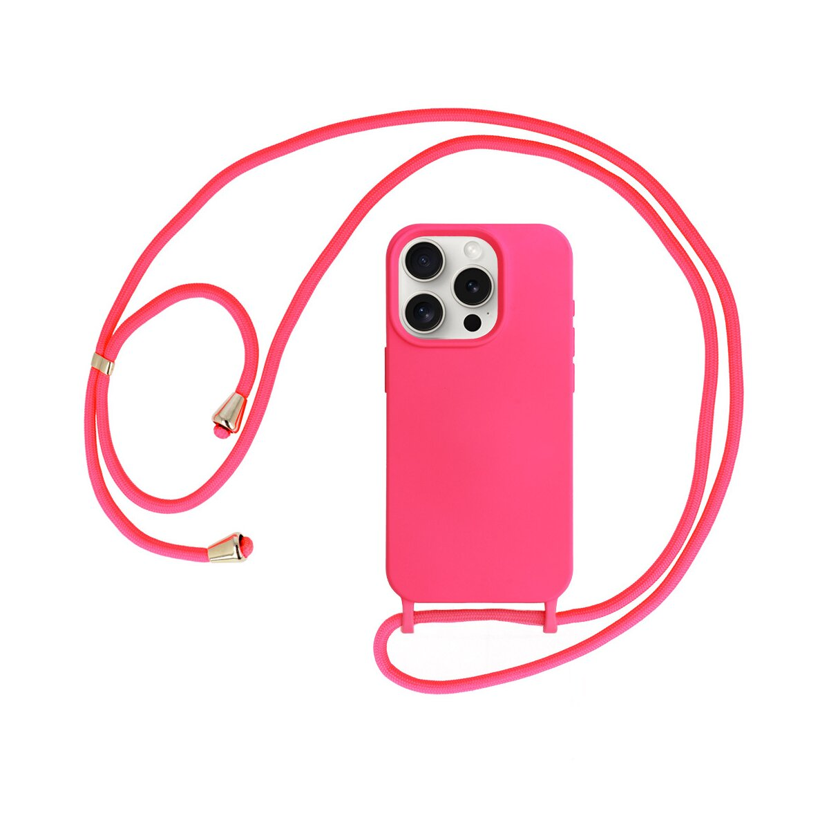Custodia per telefono rosa con cordino rosa. Custodia con ritagli per fotocamera. Hardware dorato sul cordino.