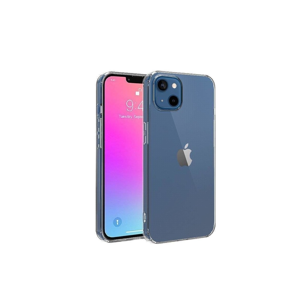 Zwei transparente Handyhüllen, eine zeigt das Telefon mit dem Apple-Logo. Weißer Hintergrund.