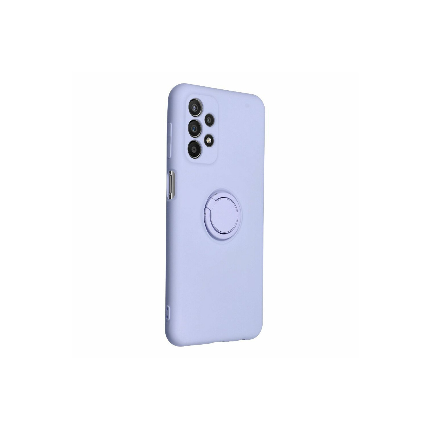 Una custodia per telefono viola con supporto ad anello, vista in studio.